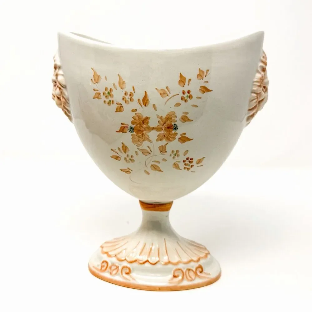 Vintage Nora Fenton Italy Lion Mask Pedestal Urn Vase Hand Painted Floral 8.5”